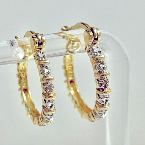 Fine Jewelry Jewelry - Genuine Diamond Accent Hoops 925 Sterling Silver 14K Yellow Gold